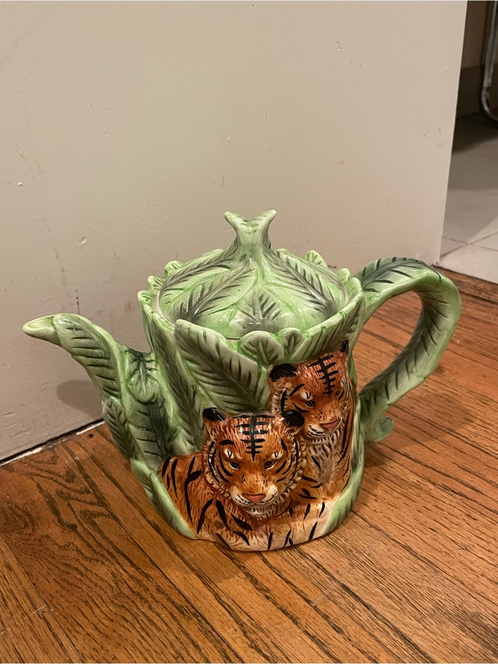 Y2K Green Leaf Ceramic Teapot with Tiger Motif